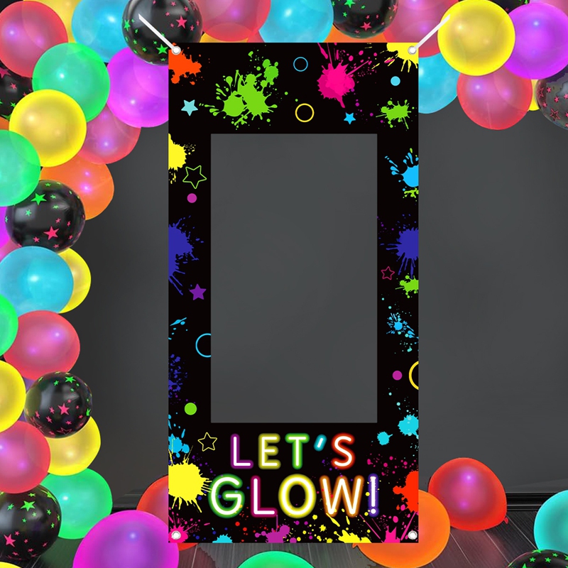 Let'S Party Event Supply - Let's Glow フォトブースフレーム ネオングラフィティフォトフレーム背景幕 ハッピーバースデーパーティーデコレーション 蛍光パーティー用品