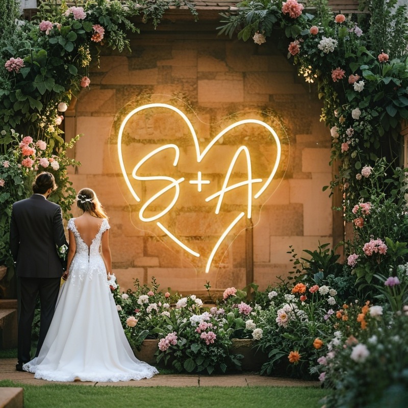 Neon Sign Party - カスタムイニシャルハートLEDネオンサイン、結婚式パーティーの背景、家の壁の装飾、カップルへのギフト用のパーソナライズされたネームネオンライト